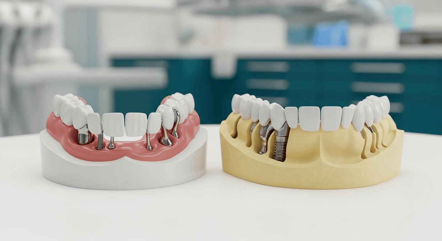 Hybrid implant denture compared with a fixed implant bridge