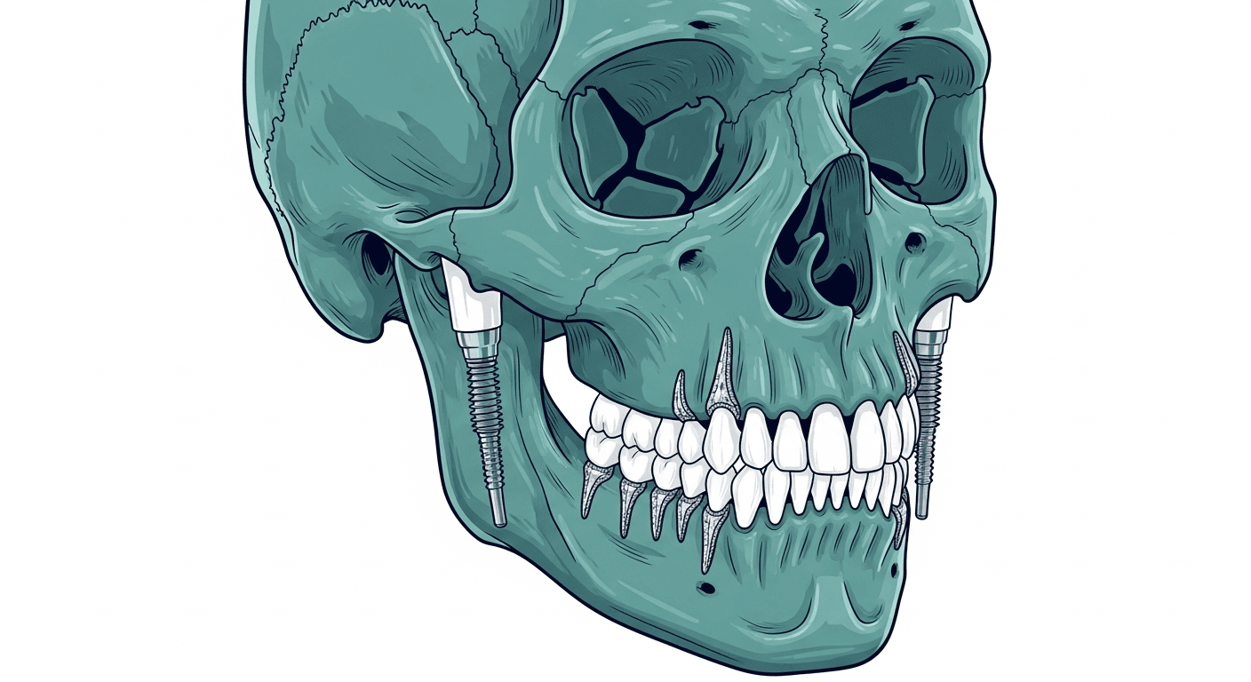 Zygomatic dental implants anchored in the cheekbone for severe upper jaw bone loss