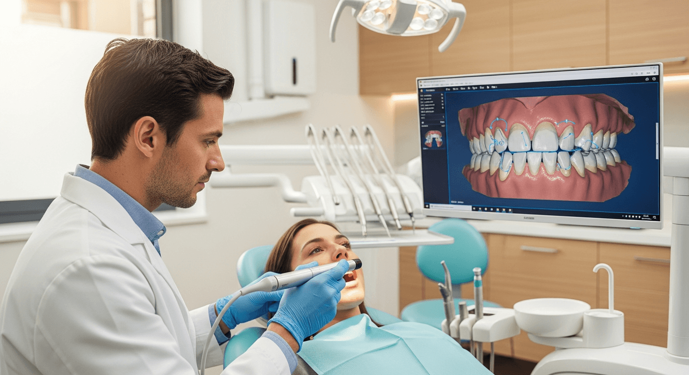Dentist analyzing a patient's bite with a digital scanner after implant work