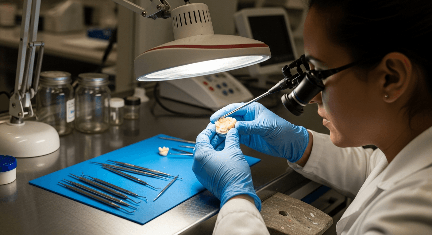Dental technician inspecting a ceramic implant crown under a lab light