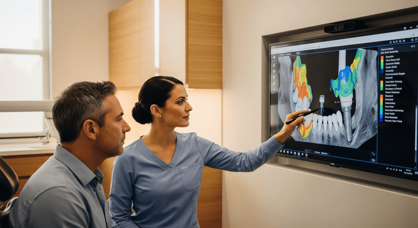 Oral surgeon and patient reviewing dental implant candidacy on a screen