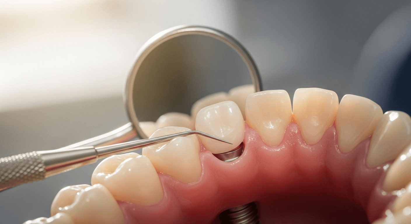 Close-up of healthy gum tissue around a dental implant during a checkup