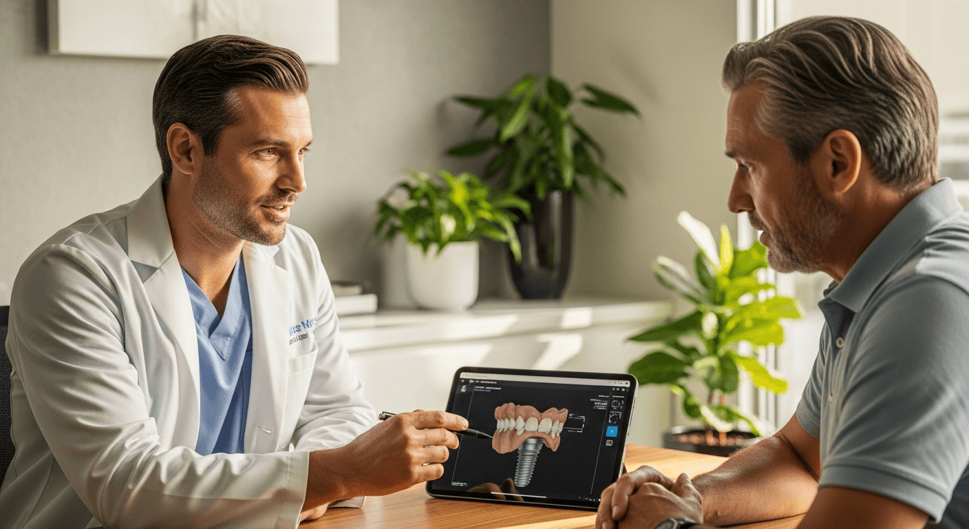 Patient and oral surgeon reviewing a treatment plan during a consultation