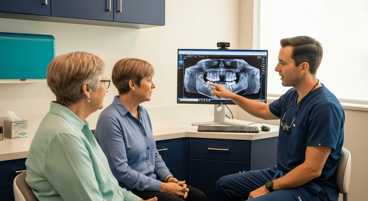 Board-certified oral surgeon reviewing a 3D CBCT jaw scan with a patient while planning full-arch dental implants
