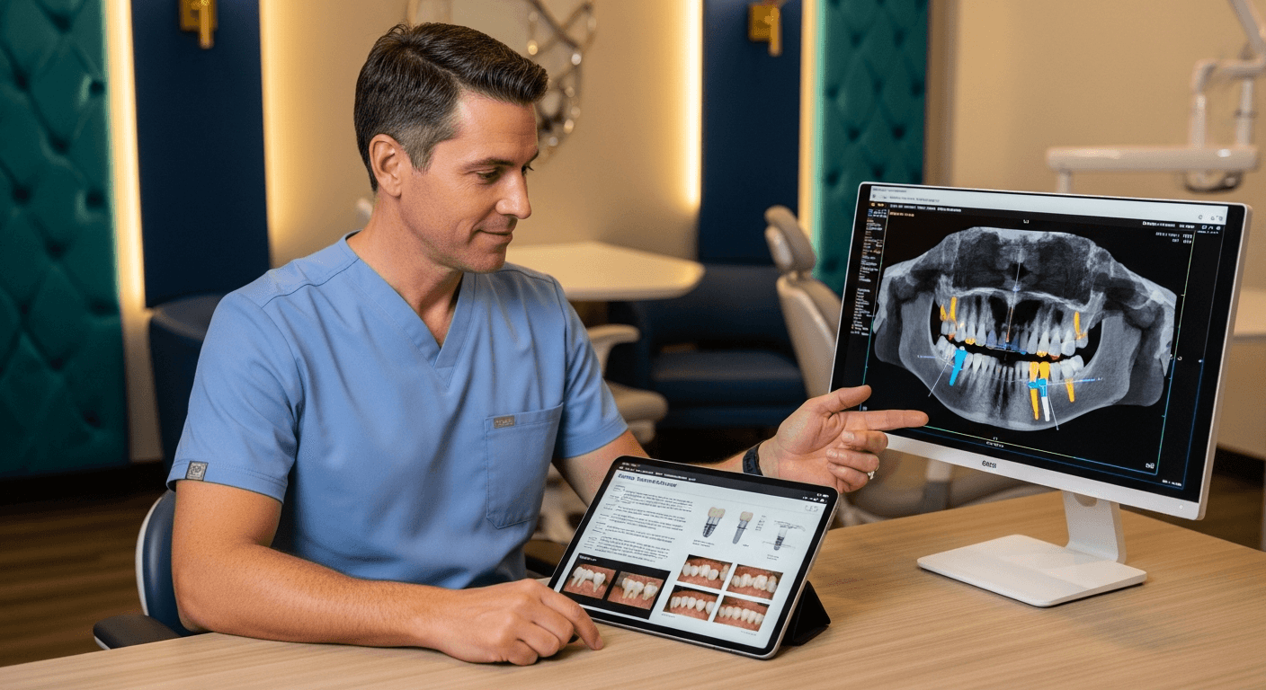 Board-certified oral surgeon reviewing a written dental implant treatment plan beside a 3D CBCT scan