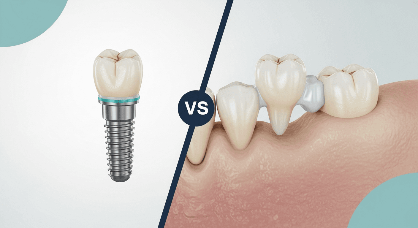 Side-by-side comparison of a single dental implant and a three-unit dental bridge anchored to neighboring teeth