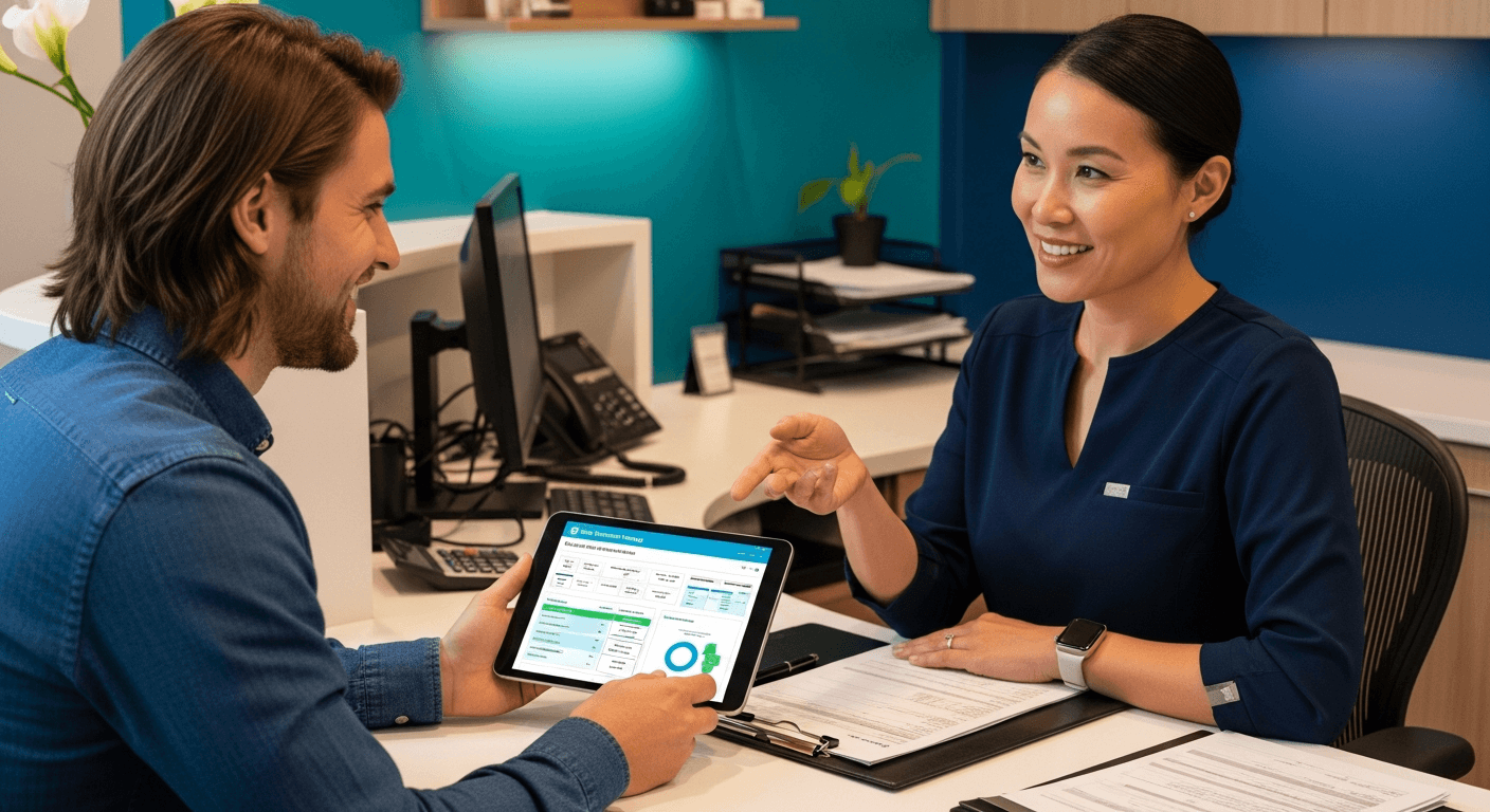 Patient reviewing a dental implant financing plan with a treatment coordinator at a dental office