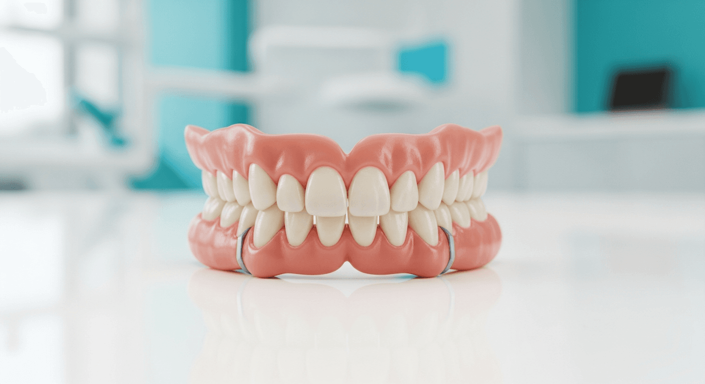 Full-arch implant-supported dental prosthesis displayed in a modern dental clinic
