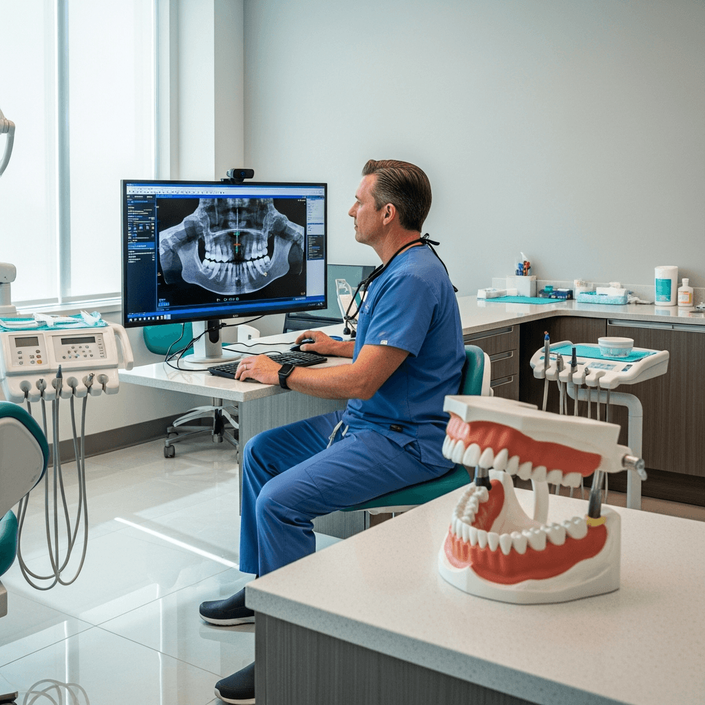 Oral surgeon reviewing a 3D CBCT jaw scan beside a full-arch dental prosthesis model