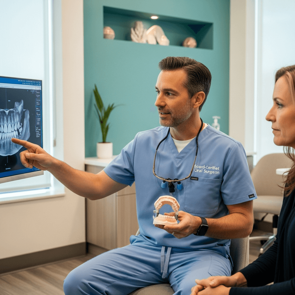 Board-certified oral surgeon explaining the four stages of the same-day dental implant process using a 3D jaw model and digital scan