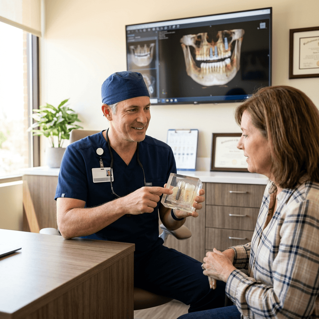 Oral surgeon showing an El Dorado Hills patient a 3D model of a dental implant fusing with jawbone during a consultation