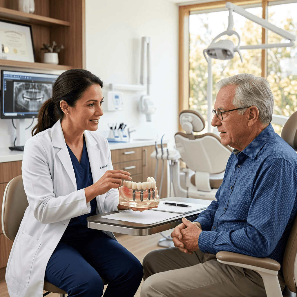 Oral surgeon explaining to a patient why a loose denture slips, using a jaw model with dental implants as the permanent solution