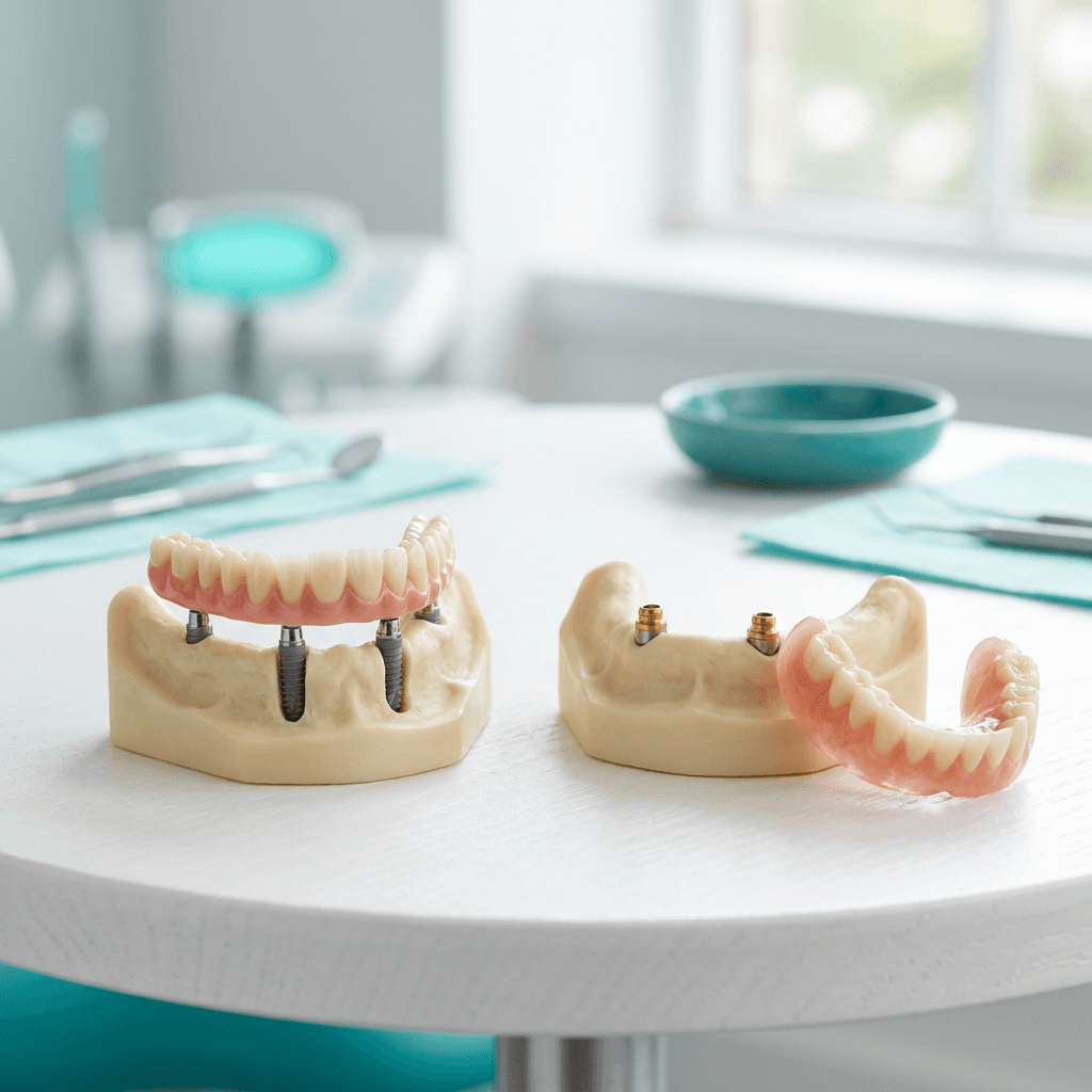 Fixed full-arch implant bridge on a jaw model beside a removable snap-in overdenture with locator attachments