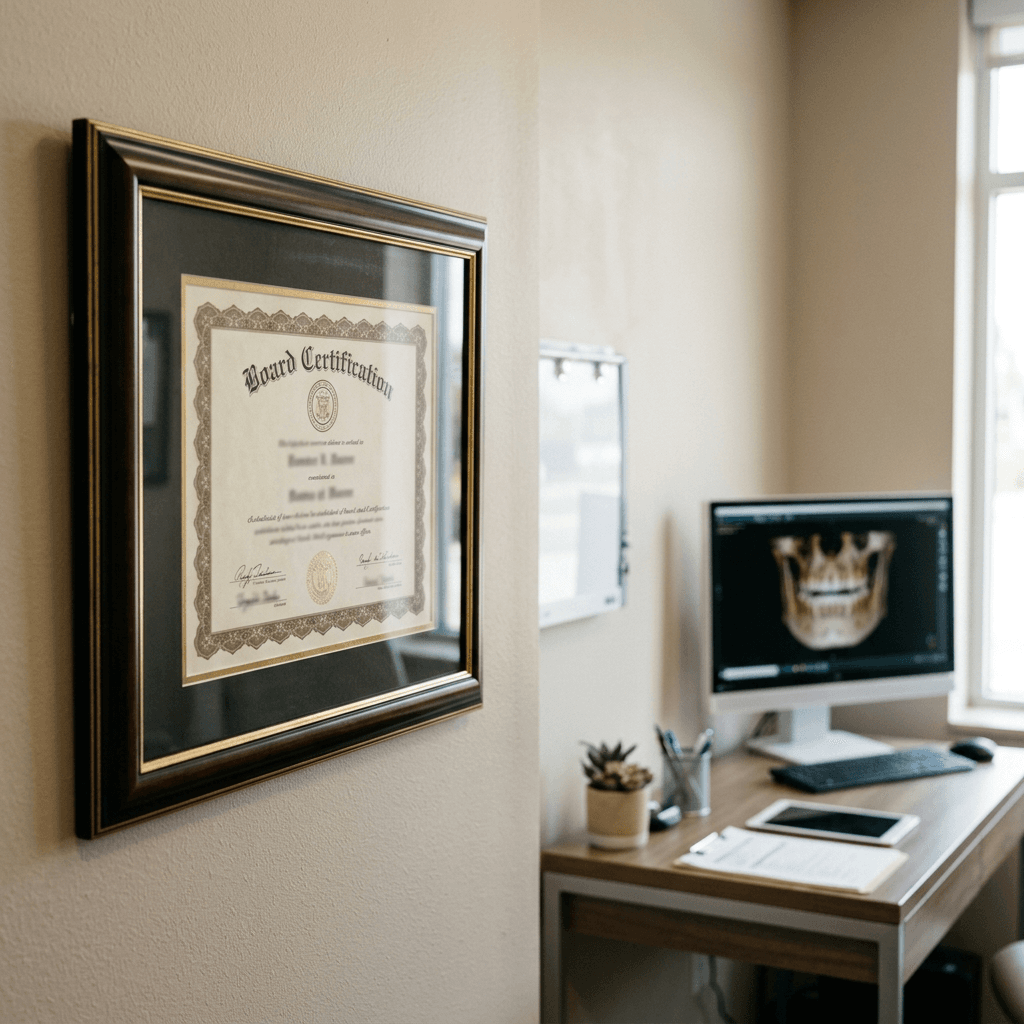 Framed board certification diploma on the wall of a modern surgical consultation office