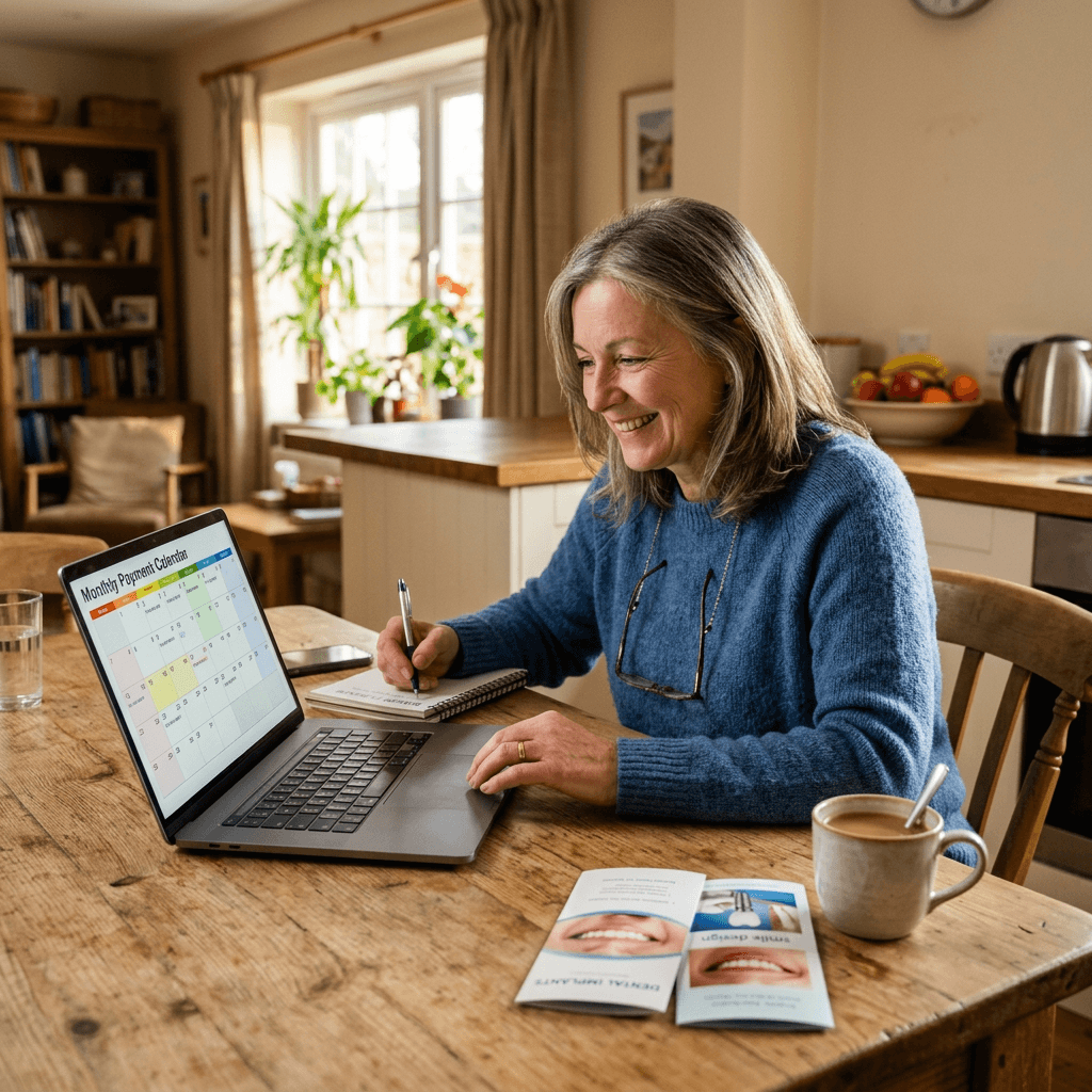 Patient reviewing a monthly dental implant payment plan calendar on a laptop at a kitchen table