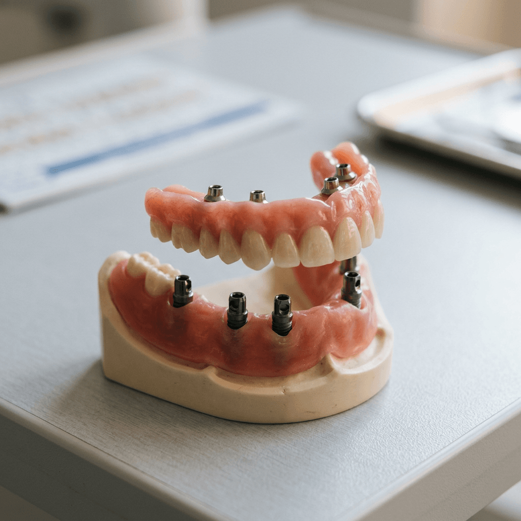 Full-arch fixed implant bridge model positioned above a lower jaw model with four titanium implant posts
