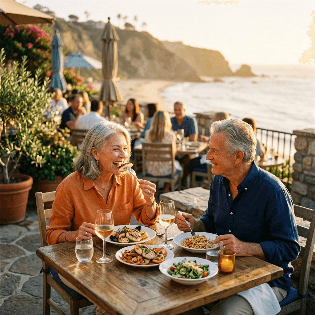 Smiling older couple confidently enjoying a meal together at a sunny California restaurant after full mouth dental implant restoration