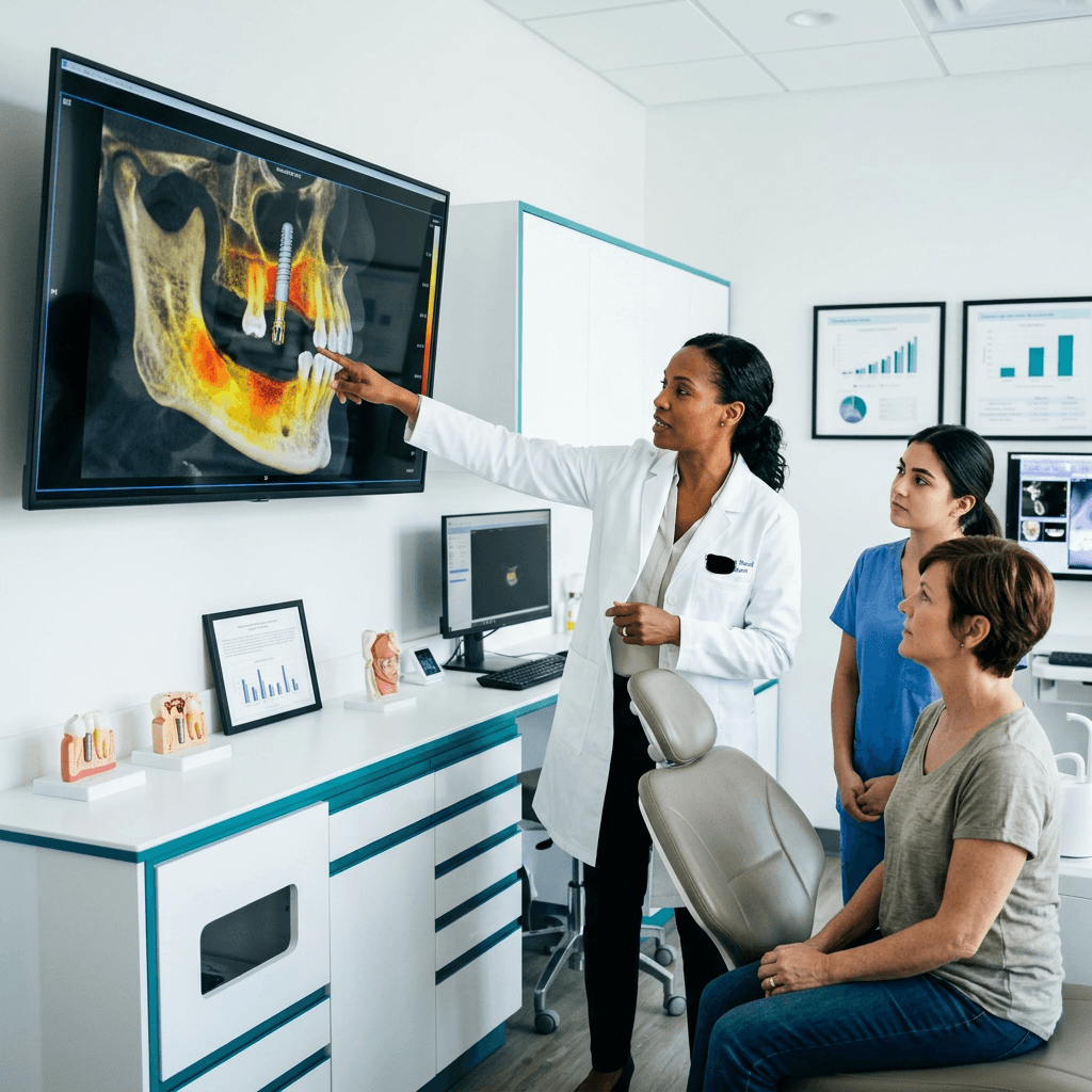 Oral surgeon reviewing a 3D CBCT cross-section showing jawbone density mapping around a planned dental implant position