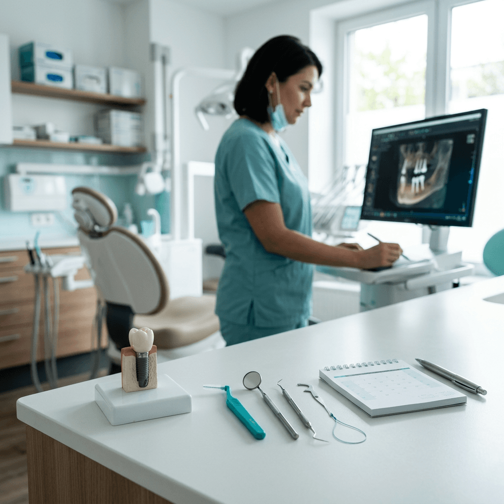 Dental implant crown model beside dental hygiene tools and a calendar during a long-term follow-up consultation