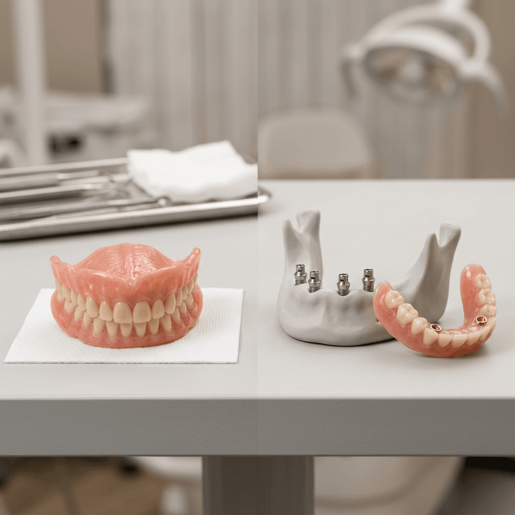 Side-by-side comparison of a traditional acrylic denture and an implant-supported denture next to a jaw model with titanium posts