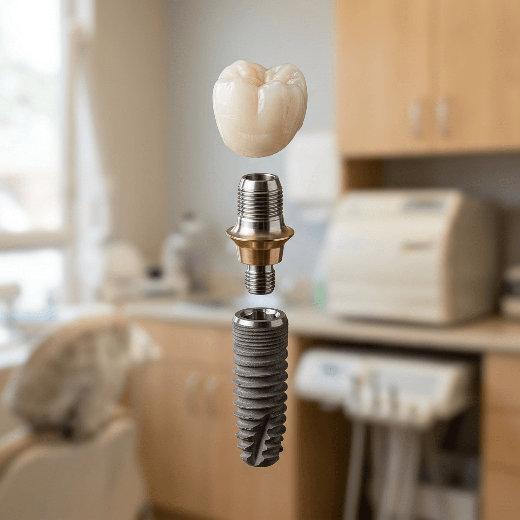 Model of a single dental implant showing the titanium post, abutment, and crown as three separate components