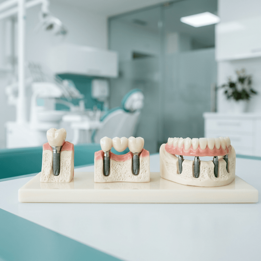 Dental implant restoration types displayed side by side: single-tooth implant crown, implant-supported bridge, and fixed full-arch bridge on a jaw model